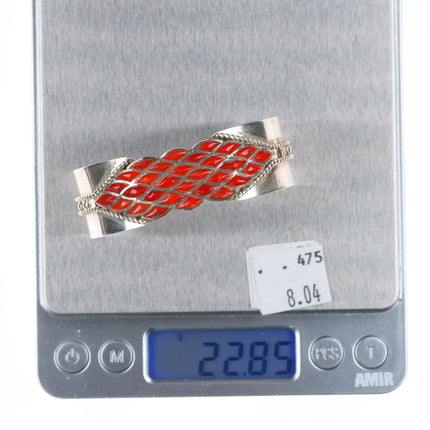 6.3" Derrick-Lorelia Chavez Zuni sterling silver coral raise inlay cuff bracelet