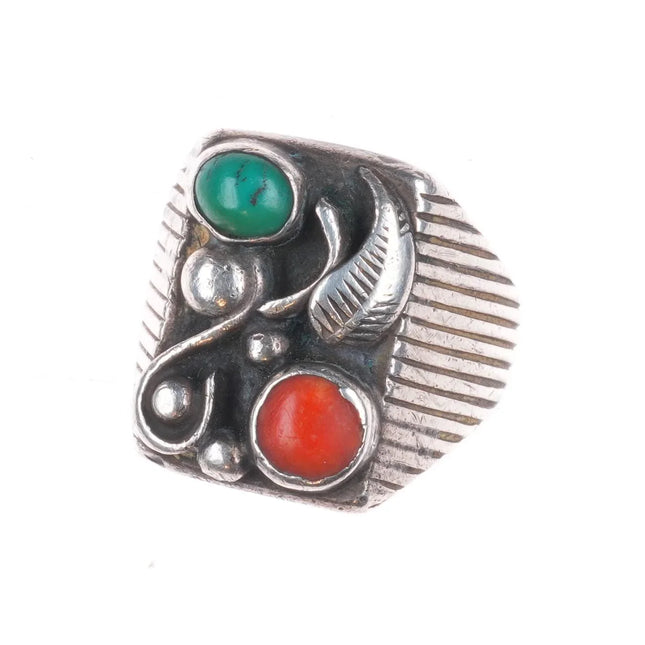 sz9 Vintage Navajo Mary Claw sterling silver, turquoise, coral ring c1970's
