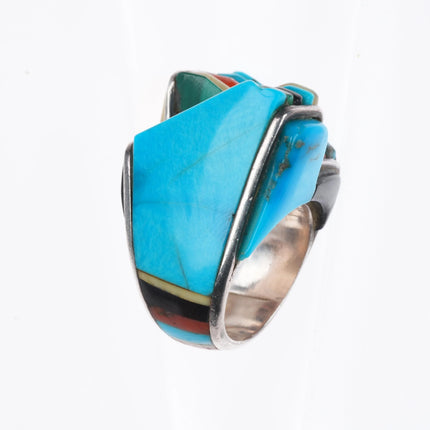 sz7.5 Vintage Native American sterling silver multi-stone inlay modernist ring