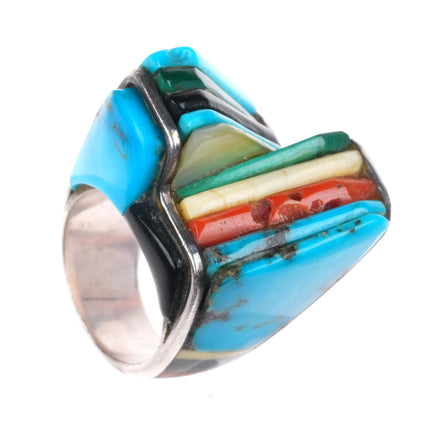 sz7.5 Vintage Native American sterling silver multi-stone inlay modernist ring