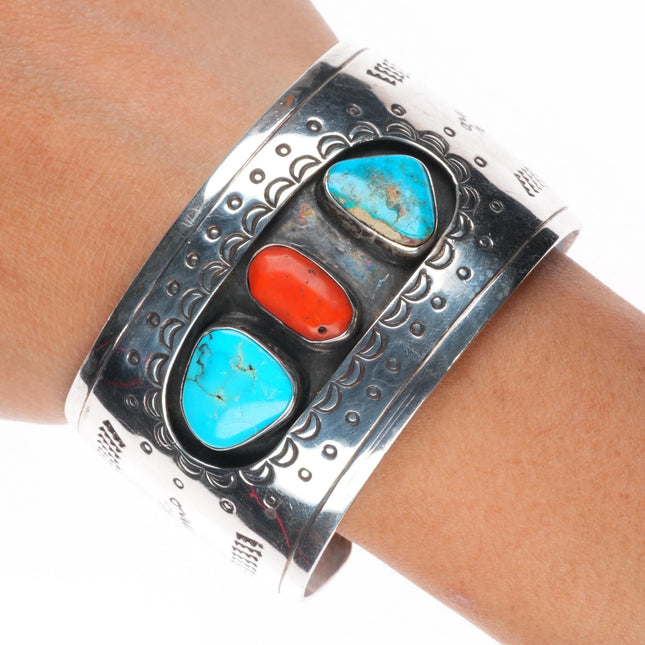 7" big vintage Navajo sterling silver, turquoise, coral shadowbox cuff bracelet