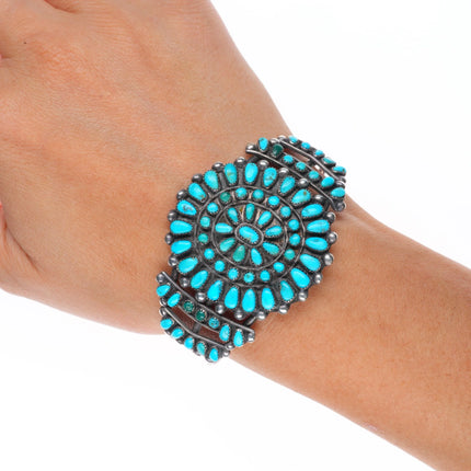 6.1" c1940's Zuni sterling silver natural turquoise cluster cuff bracelet
