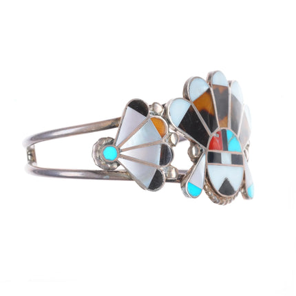 6.7" c1950's Zuni sterling silver channel inlay sunface cuff bracelet turquoise
