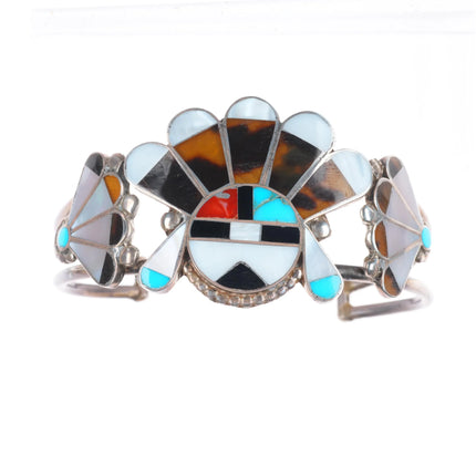 6.7" c1950's Zuni sterling silver channel inlay sunface cuff bracelet turquoise