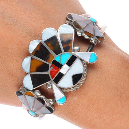 6.7" c1950's Zuni sterling silver channel inlay sunface cuff bracelet turquoise