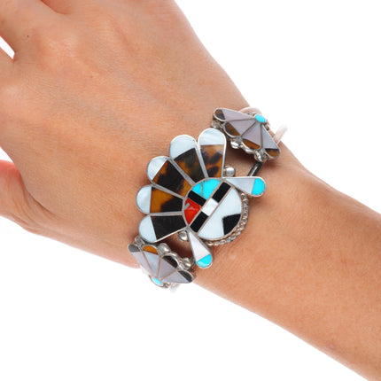 6.7" c1950's Zuni sterling silver channel inlay sunface cuff bracelet turquoise