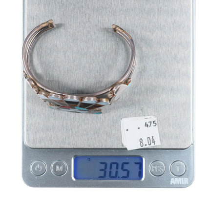 6.7" c1950's Zuni sterling silver channel inlay sunface cuff bracelet turquoise