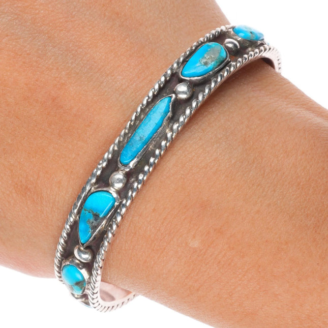 6.25" Vintage sterling silver rope border turquoise row cuff bracelet