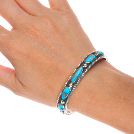 6.25" Vintage sterling silver rope border turquoise row cuff bracelet