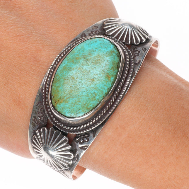 6.6" c1940's Navajo hand stamped sterling silver large turquoise cuff bracelet