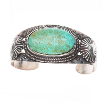 6.6" c1940's Navajo hand stamped sterling silver large turquoise cuff bracelet