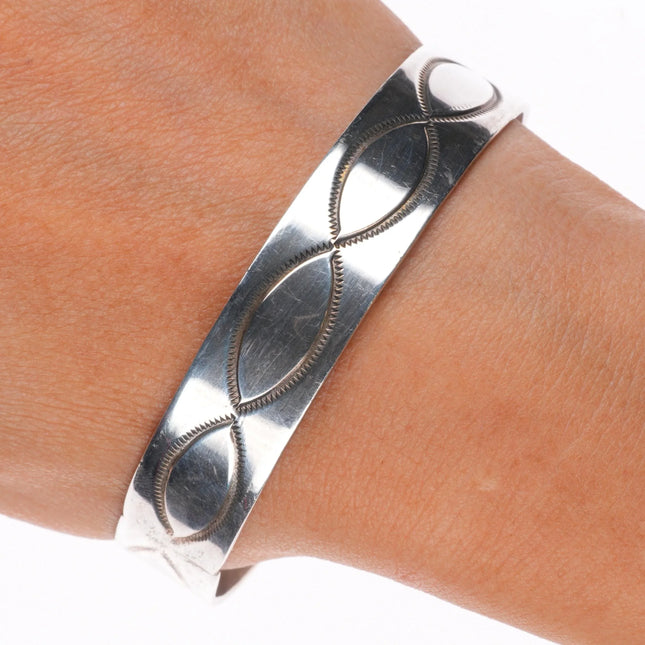 8" Vintage Navajo hand stamped sterling silver wide band bangle bracelet