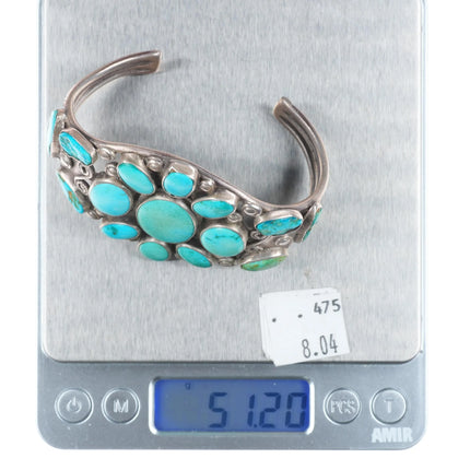 6.5" 30's-40's Navajo turquoise cluster vintage cuff bracelet sterling silver