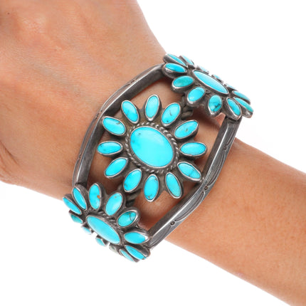 6.75" 30's-40's Navajo turquoise cluster vintage cuff bracelet sterling silver