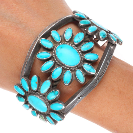 6.75" 30's-40's Navajo turquoise cluster vintage cuff bracelet sterling silver