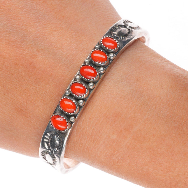 6.6" Vintage Navajo sterling silver Mediterranean coral row cuff bracelet