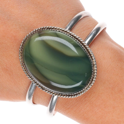 6" Vintage southwestern sterling silver green banded agate cuff bracelet