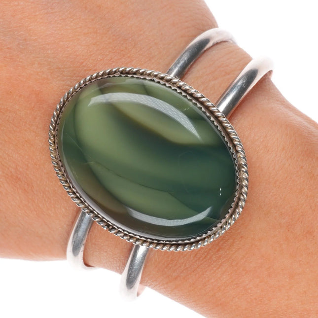 6" Vintage southwestern sterling silver green banded agate cuff bracelet