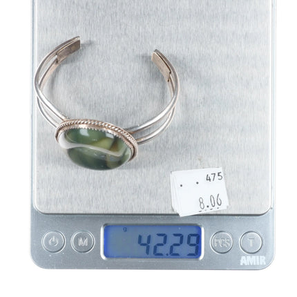 6" Vintage southwestern sterling silver green banded agate cuff bracelet