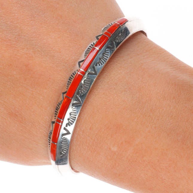6.1" Arnold Maloney Navajo sterling silver coral channel inlay cuff bracelet