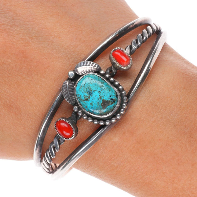 6.3" 50's-60's Navajo sterling silver turquoise, coral, cuff bracelet feather