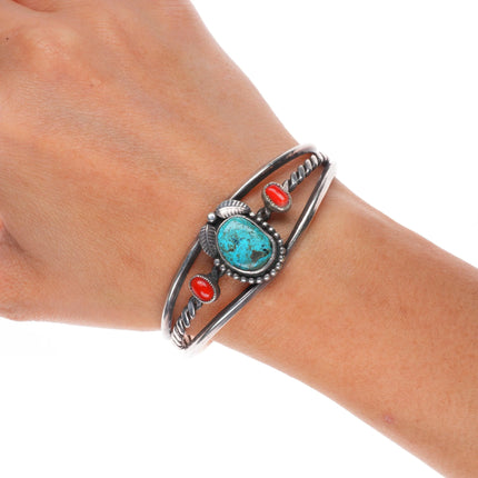 6.3" 50's-60's Navajo sterling silver turquoise, coral, cuff bracelet feather