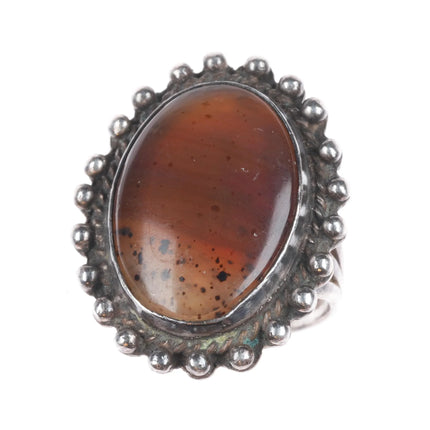 sz7 c1950's Vintage Navajo sterling silver agate ring with beaded bezel