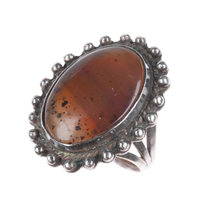 sz7 c1950's Vintage Navajo sterling silver agate ring with beaded bezel
