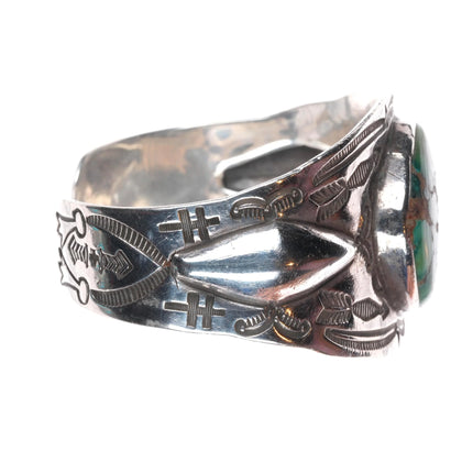 7" 20's-30's Navajo ingot silver repousse hand stamped cuff bracelet w/turquoise