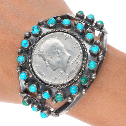 6.6" 1972 Zuni Snake eye turquoise sterling silver cuff bracelet US dollar coin