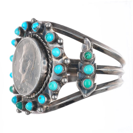 6.6" 1972 Zuni Snake eye turquoise sterling silver cuff bracelet US dollar coin