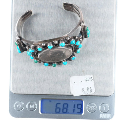 6.6" 1972 Zuni Snake eye turquoise sterling silver cuff bracelet US dollar coin