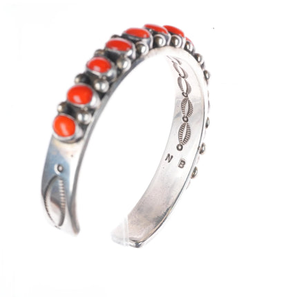 6.8" Nelson Burbank Navajo sterling silver Mediterranean coral row cuff bracelet