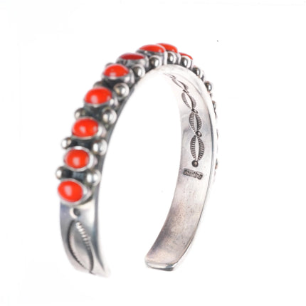 6.8" Nelson Burbank Navajo sterling silver Mediterranean coral row cuff bracelet