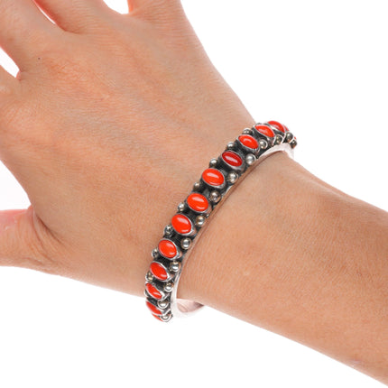 6.8" Nelson Burbank Navajo sterling silver Mediterranean coral row cuff bracelet