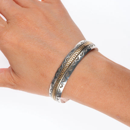 6.9" Dawn Lucas Navajo sterling silver 14k gold heavily stamped cuff bracelet