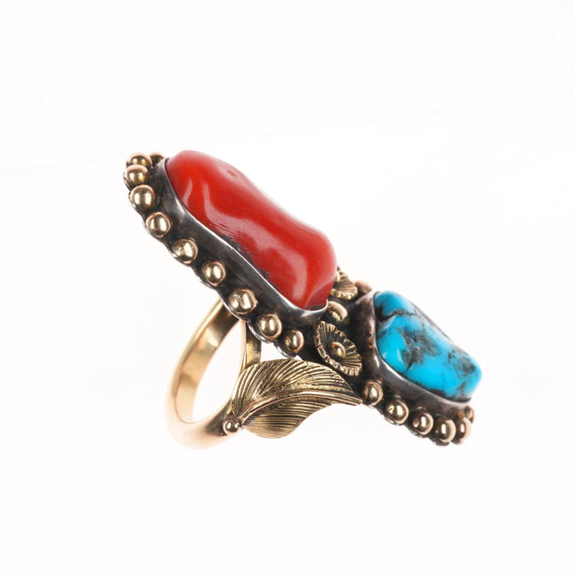 sz5.75 Vintage LBY Navajo 14k gold/Sterling silver turquoise/coral ring