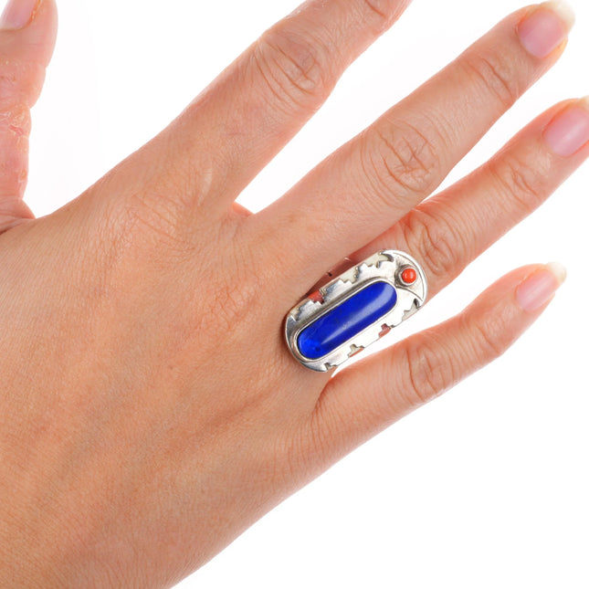 sz6 Vintage Leo Lando Yazzie Navajo sterling silver Lapis/coral inlay ring