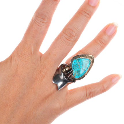 sz5 1977 Native American 14k gold/sterling Lone Mountain turquoise Ironwood ring