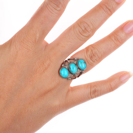 sz5.5 c1940 Navajo sterling silver stoplight 3 stone turquoise ring size 5.5
