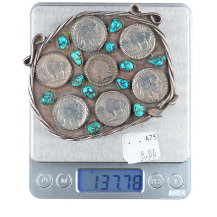 Large vintage Navajo sterling silver, turquoise, buffalo nickel belt buckle
