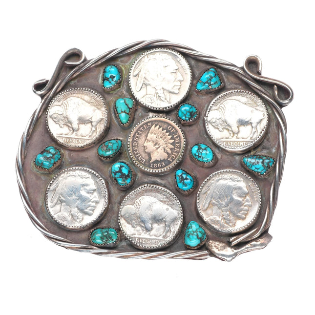 Large vintage Navajo sterling silver, turquoise, buffalo nickel belt buckle