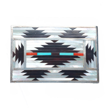 Charlotte Dishta Zuni sterling silver inlaid Navajo rug pattern belt buckle