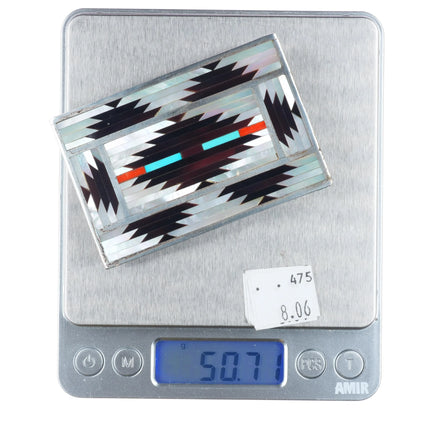 Charlotte Dishta Zuni sterling silver inlaid Navajo rug pattern belt buckle
