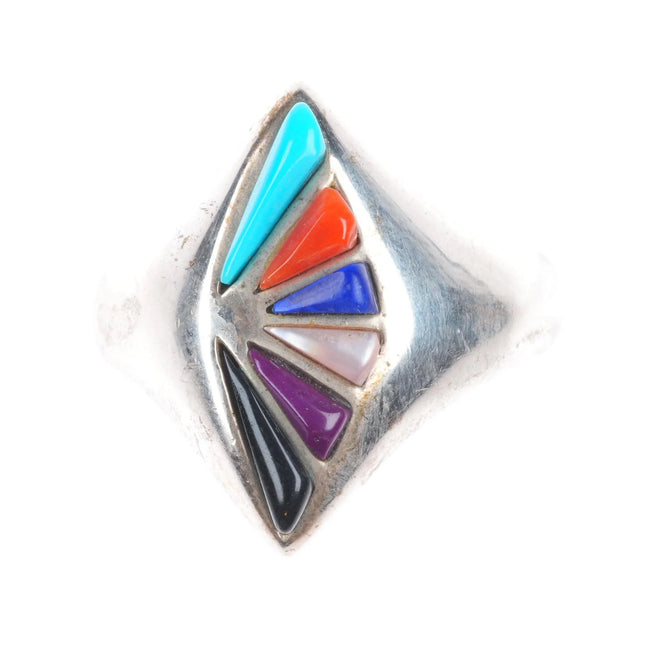 sz9 Vintage Navajo sterling silver multi-stone inlay ring size 9