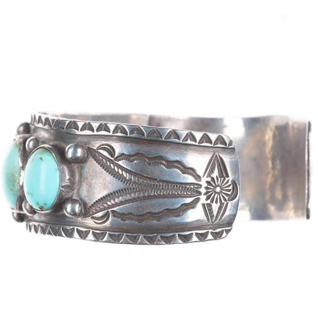 7" 40's-50's Navajo nicely stamped sterling silver turquoise watch cuff bracelet