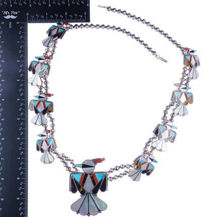Vintage Zuni Sterling silver thunderbird channel inlay squash blossom necklace