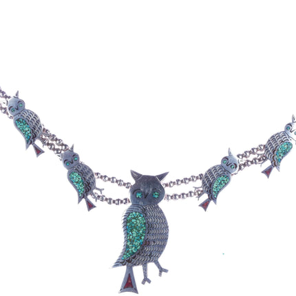 Vintage Navajo sterling silver chip inlay turquoise owls squash blossom necklace