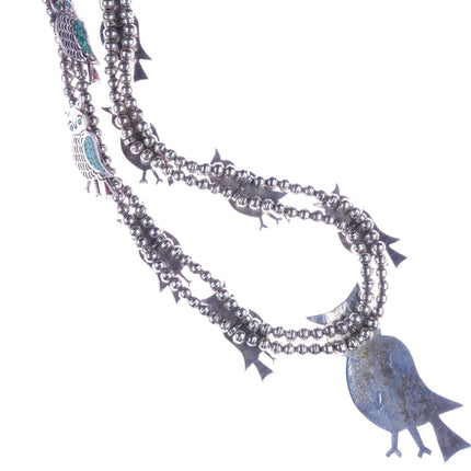 Vintage Navajo sterling silver chip inlay turquoise owls squash blossom necklace