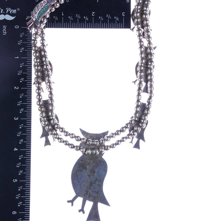 Vintage Navajo sterling silver chip inlay turquoise owls squash blossom necklace